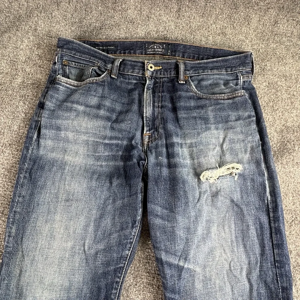 Lucky Brand 361 Vintage Straight Jeans Mens 36x32 Blue Grunge‎ Distressed Retro